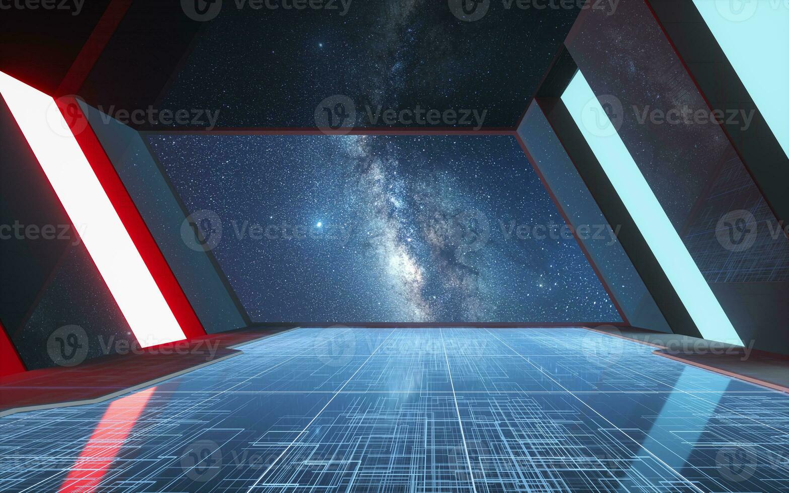 Tunnel of the future, futuristic room, 3d rendering. photo