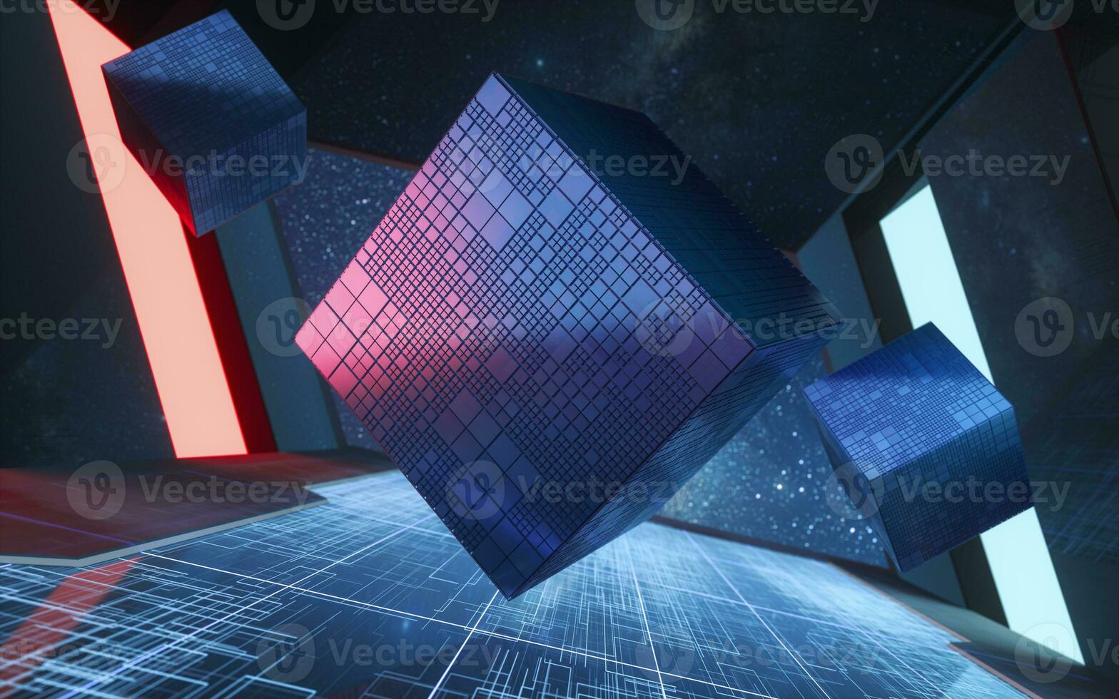 The cube in the tunnel, futuristic room, 3d rendering. photo
