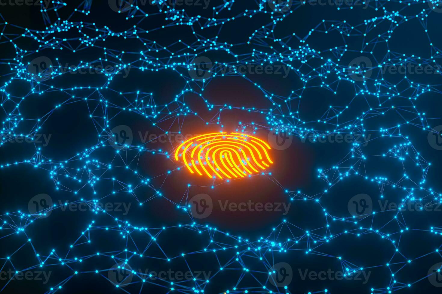 Glowing golden fingerprint identification with blue background, 3d rendering. photo