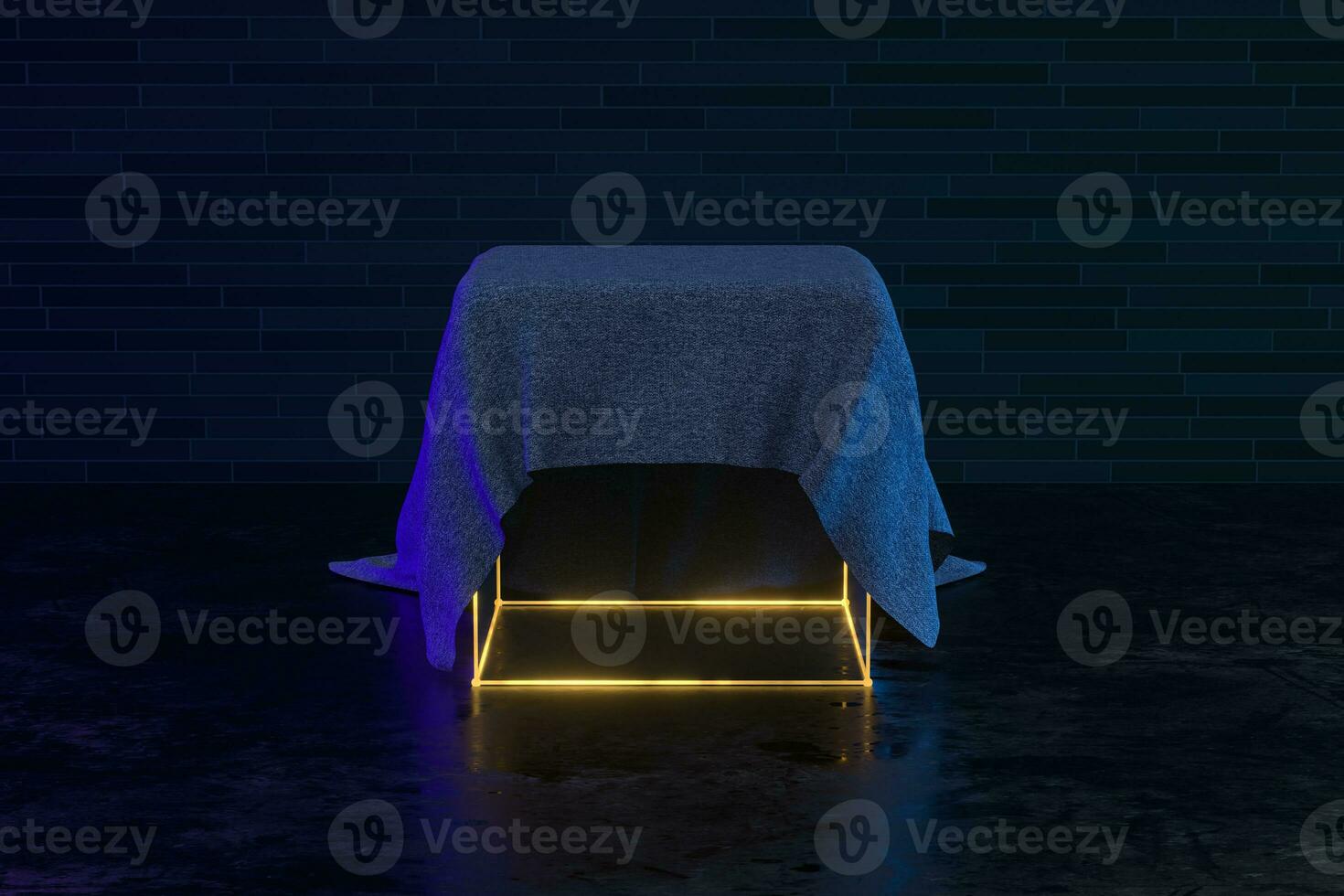 Cubic podium in the corner with cloth covered, 3d rendering. photo