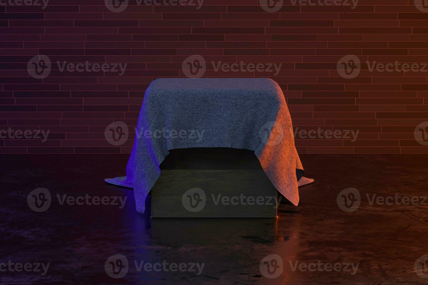 Cubic podium in the corner with cloth covered, 3d rendering. photo