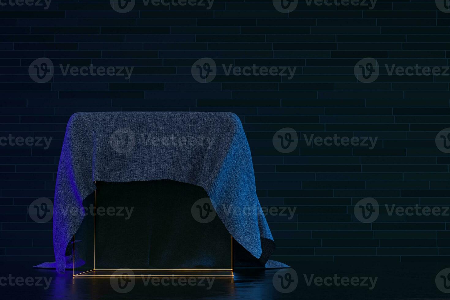 Cubic podium in the corner with cloth covered, 3d rendering. photo