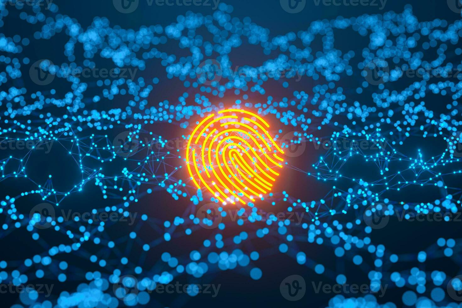 Glowing golden fingerprint identification with blue background, 3d rendering. photo