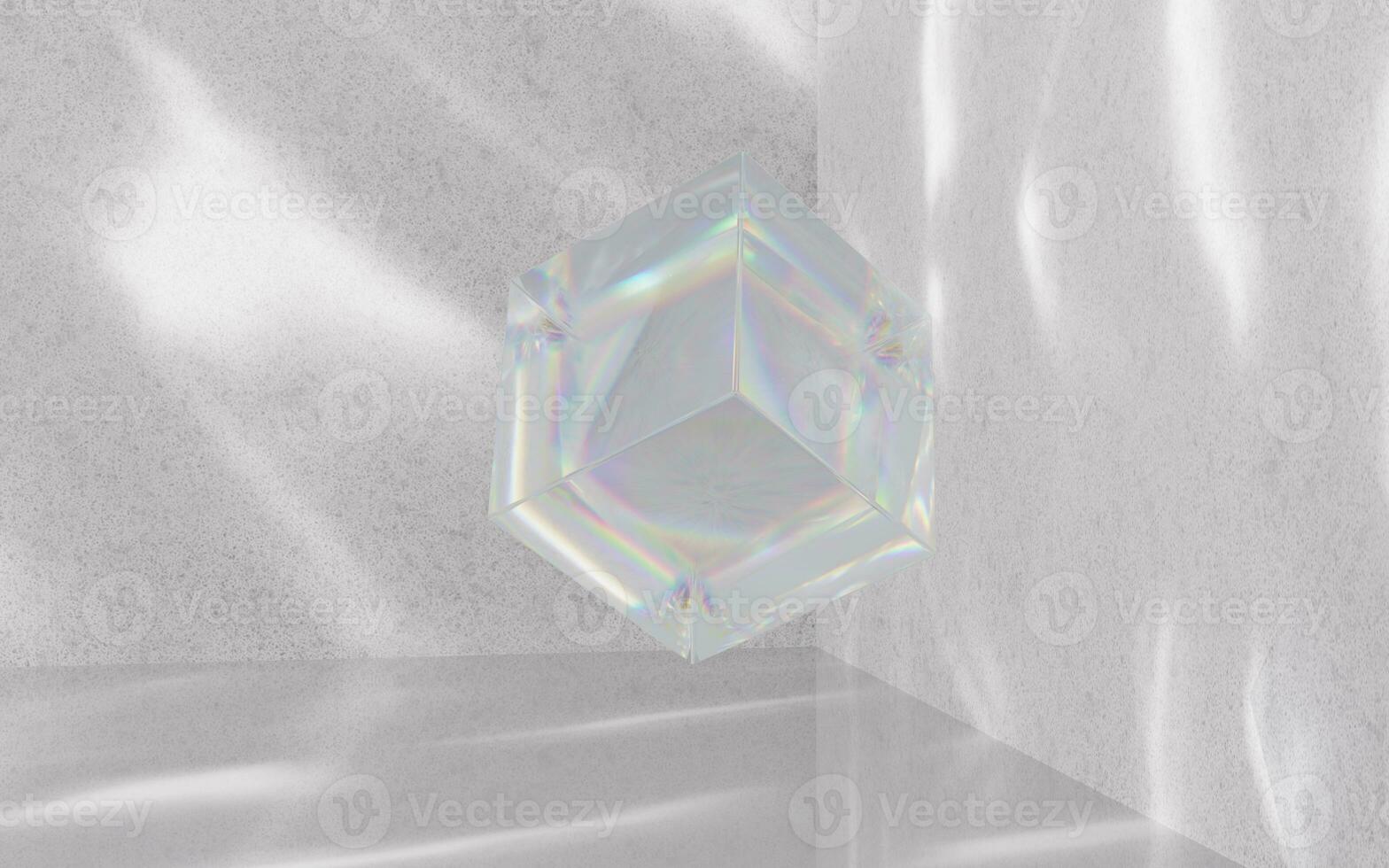 Glass cube with light and shadow background, 3d rendering. photo