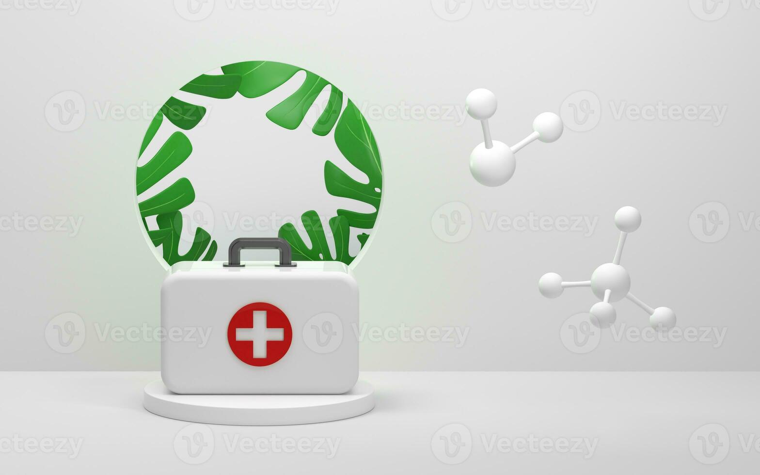 Medical kit and molecules in a white room, 3d rendering. photo