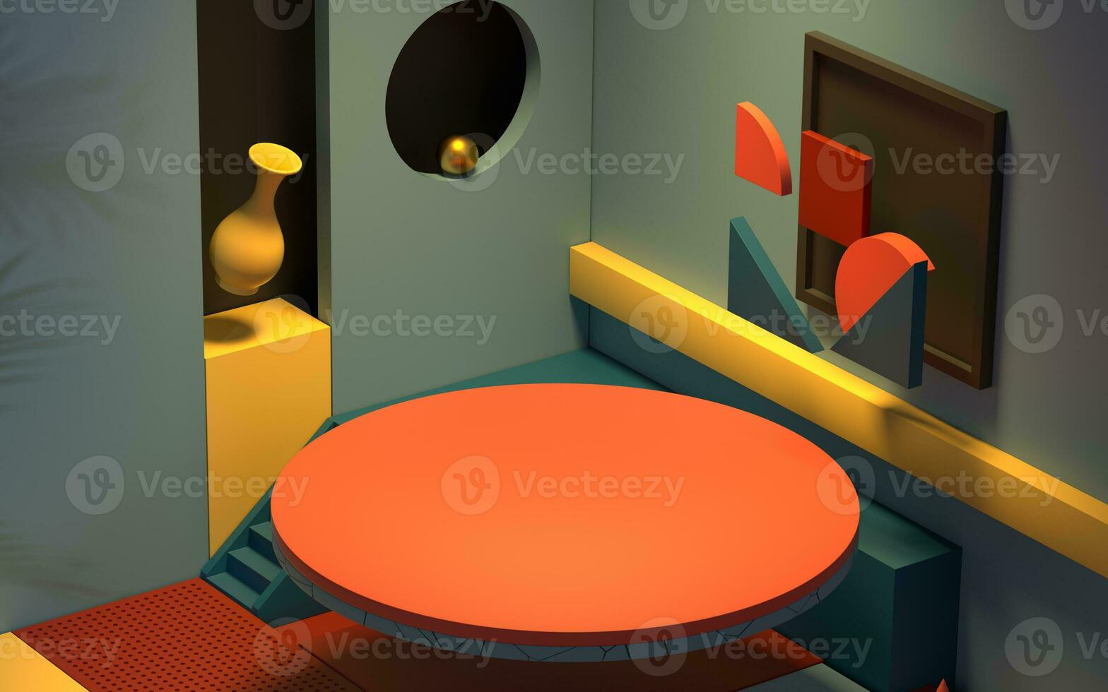 Podium in a room filled with creative geometrical shapes, 3d rendering. photo