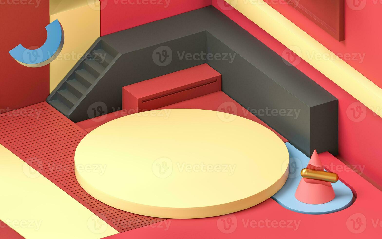 Podium in a room filled with creative geometrical shapes, 3d rendering. photo