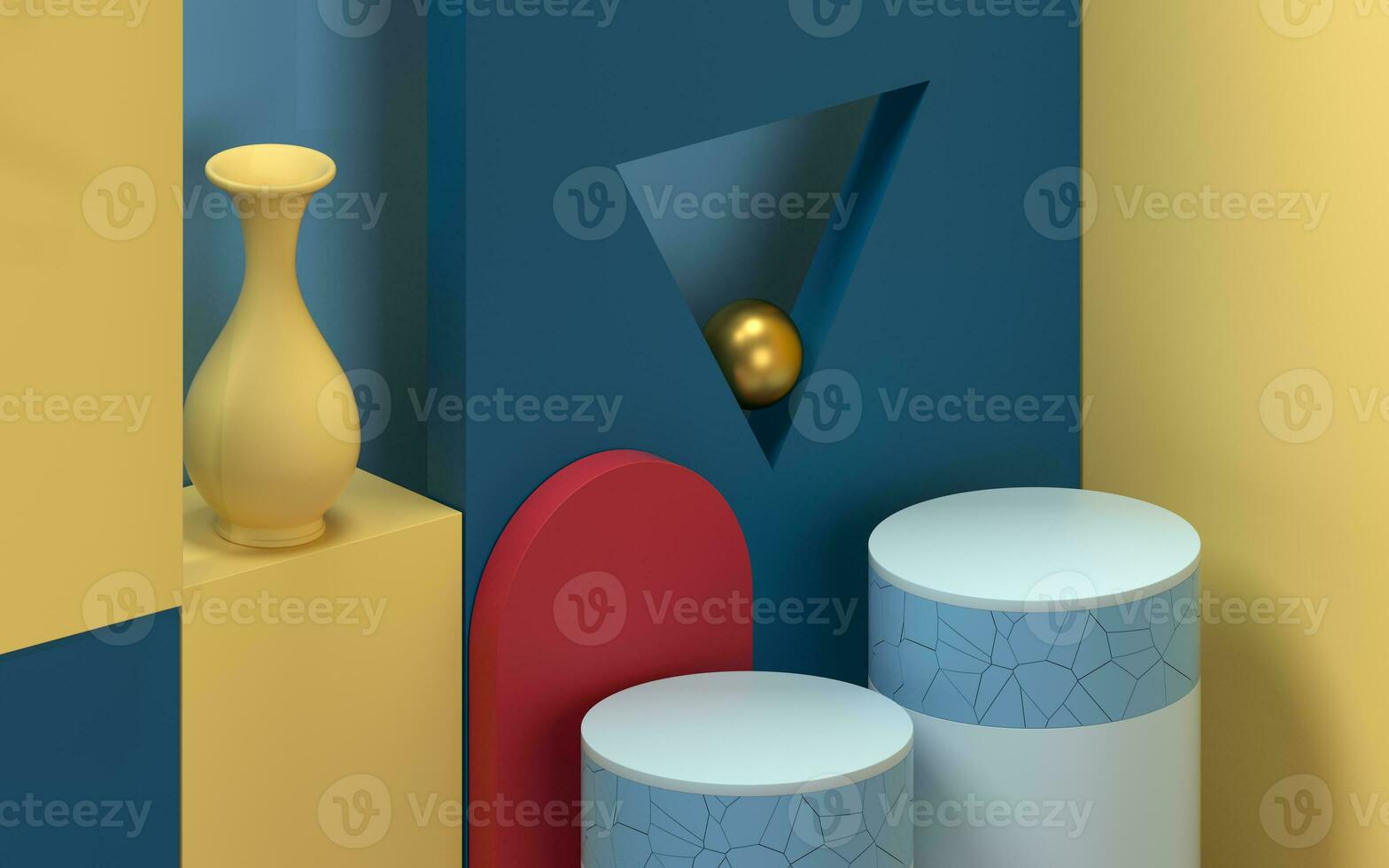 Podium in a room filled with creative geometrical shapes, 3d rendering. photo