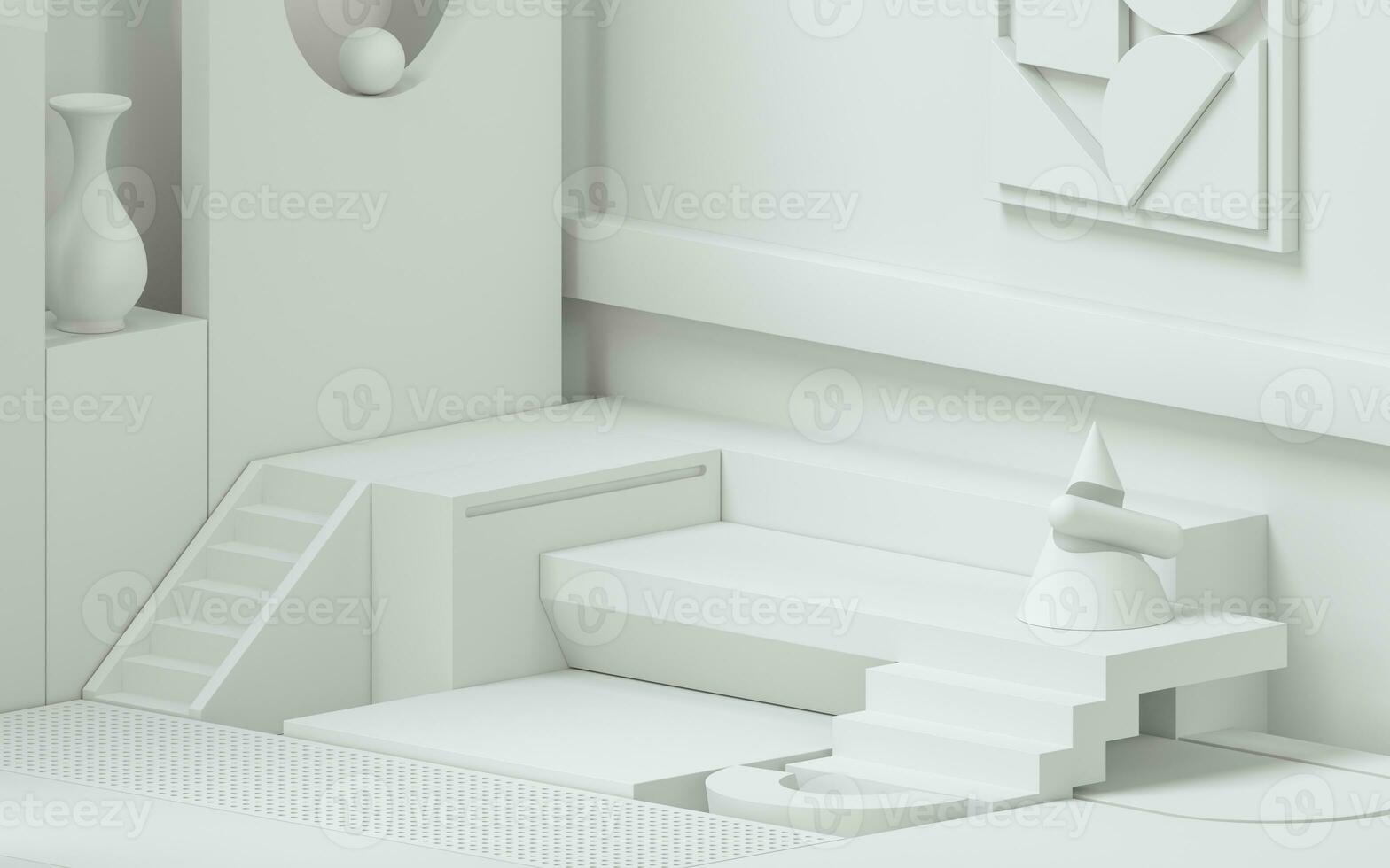 Room filled with creative geometrical shapes, 3d rendering. photo