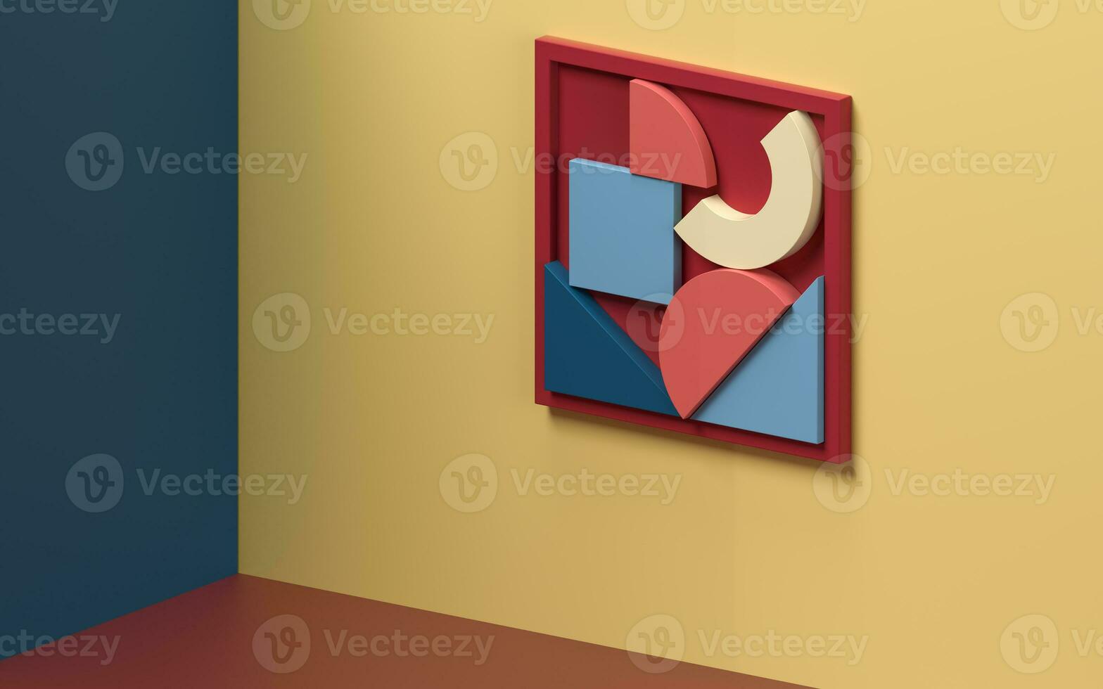 Room with creative geometrical shapes on the wall, 3d rendering. photo