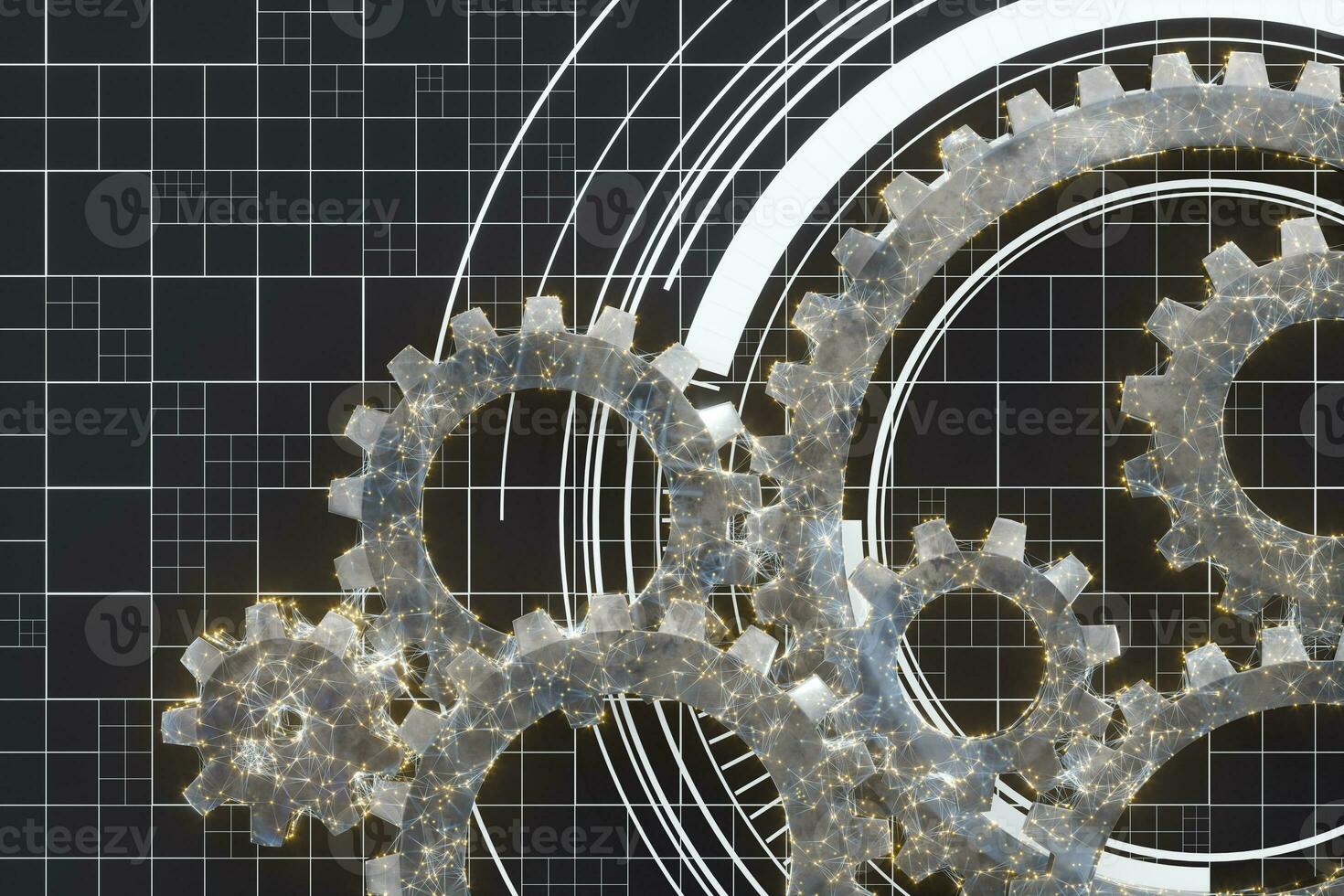 Mechanical gears and blueprint lines, 3d rendering. photo