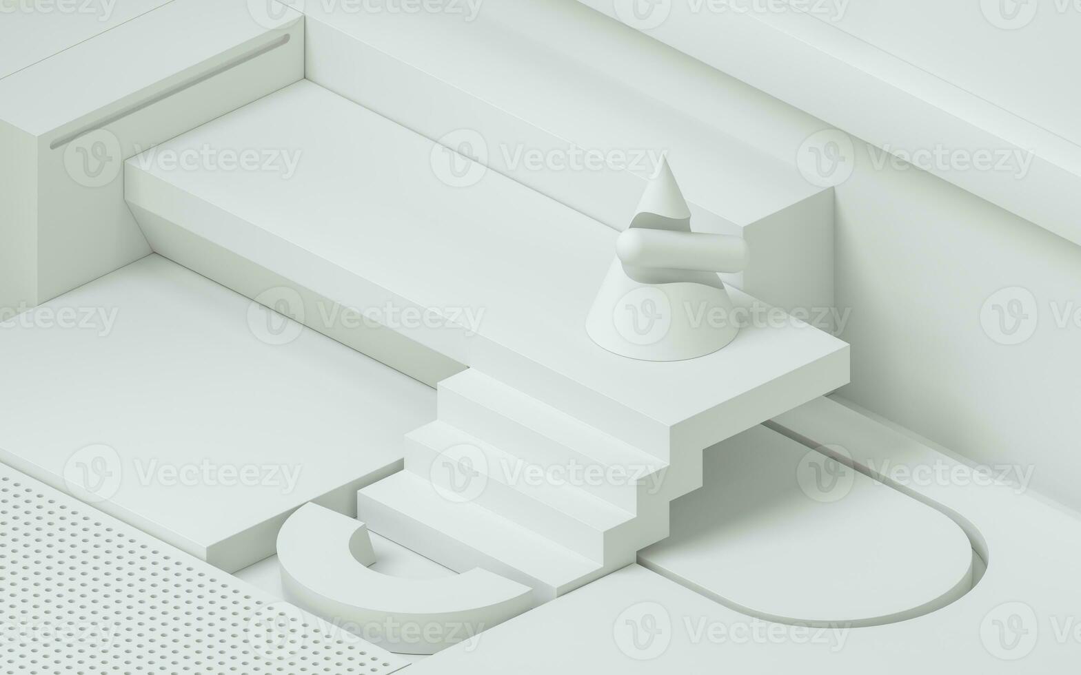 Room filled with creative geometrical shapes, 3d rendering. photo