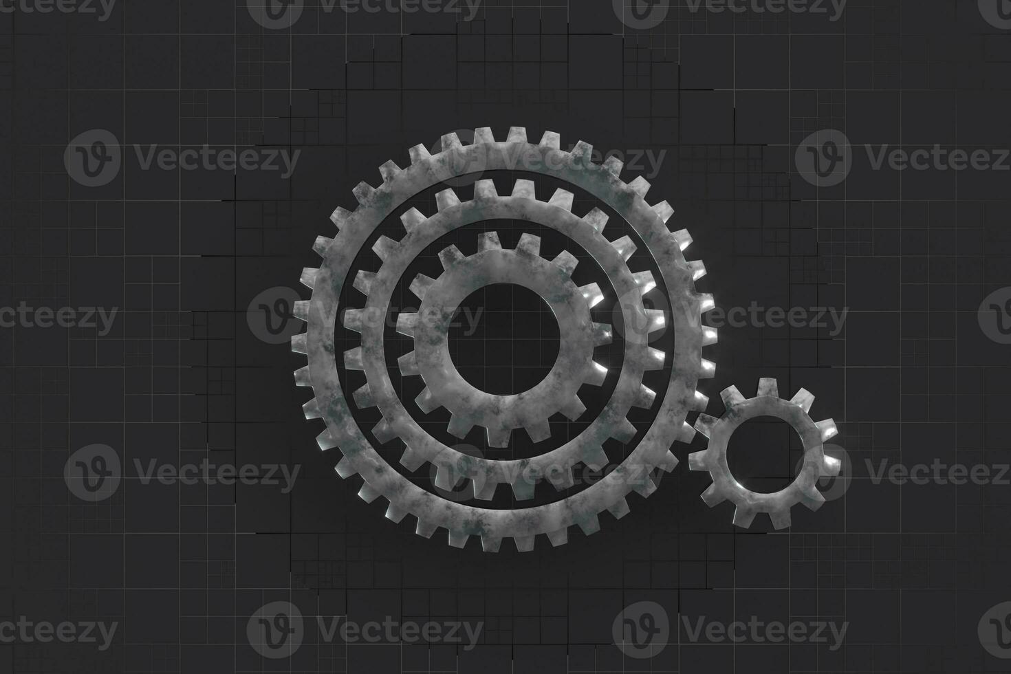 Meshing mechanical gears, metallic parts, 3d rendering. photo