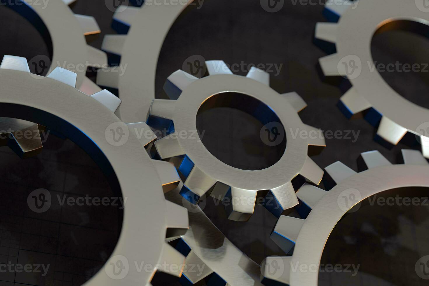 Meshing mechanical gears, metallic parts, 3d rendering. photo