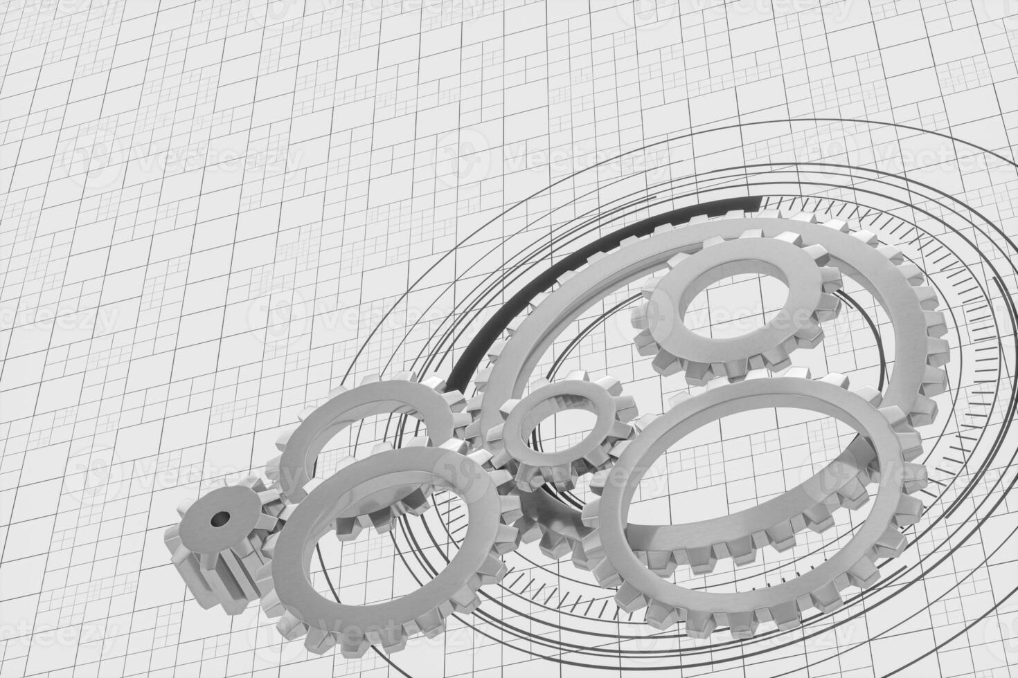 Mechanical gears and blueprint lines, 3d rendering. photo