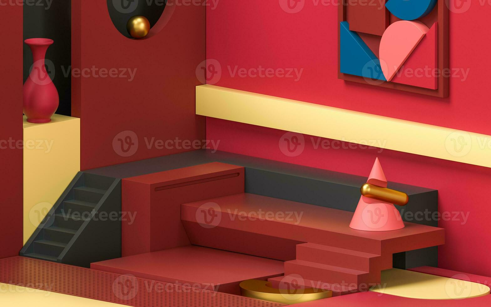 Room filled with creative geometrical shapes, 3d rendering. photo