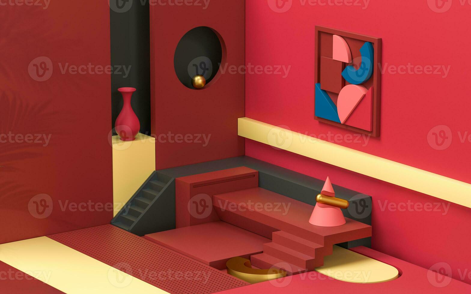 Room filled with creative geometrical shapes, 3d rendering. photo