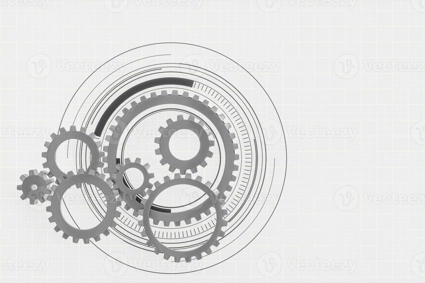 Mechanical gears and blueprint lines, 3d rendering. photo