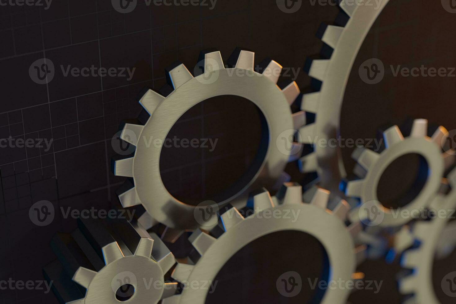 Meshing mechanical gears, metallic parts, 3d rendering. photo