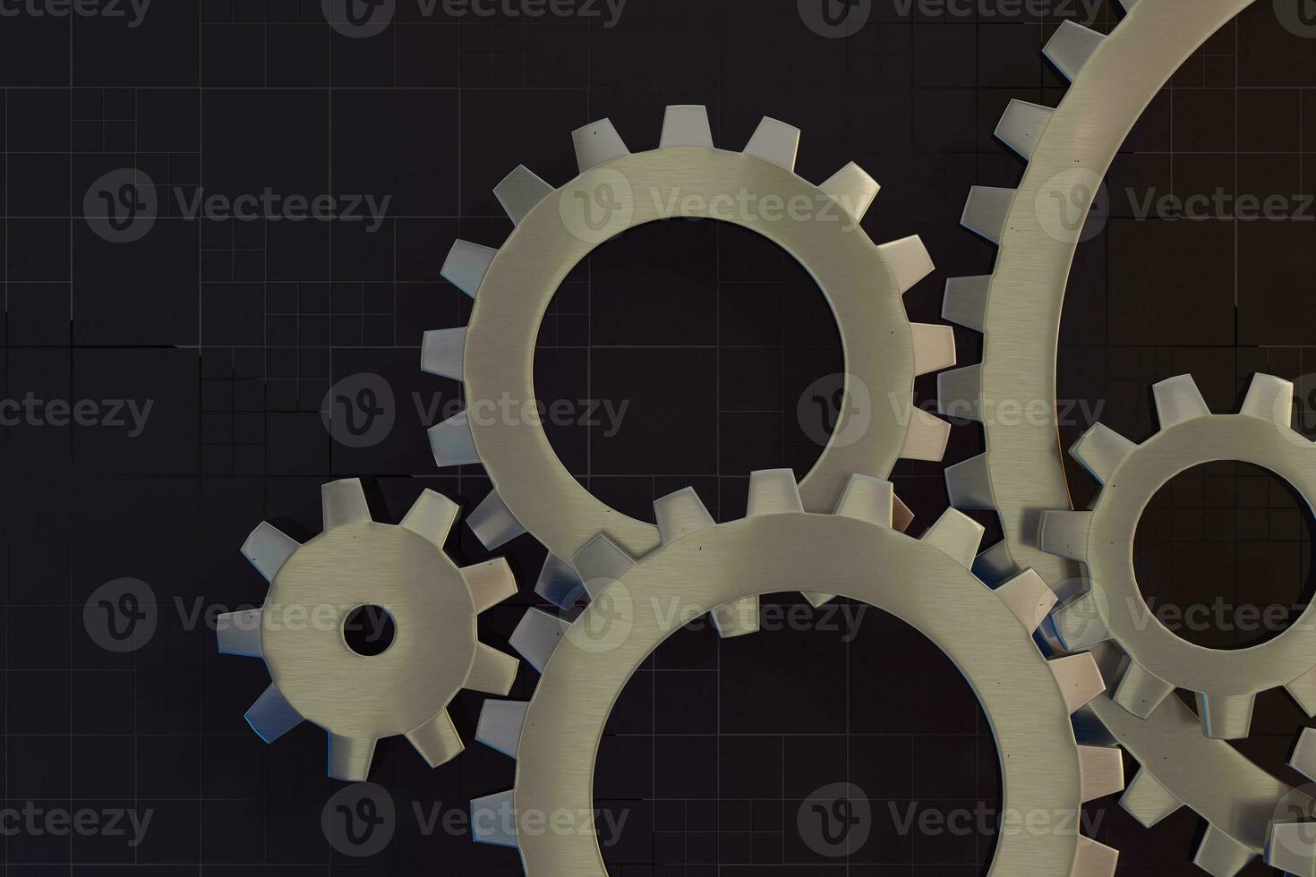 Meshing mechanical gears, metallic parts, 3d rendering. photo