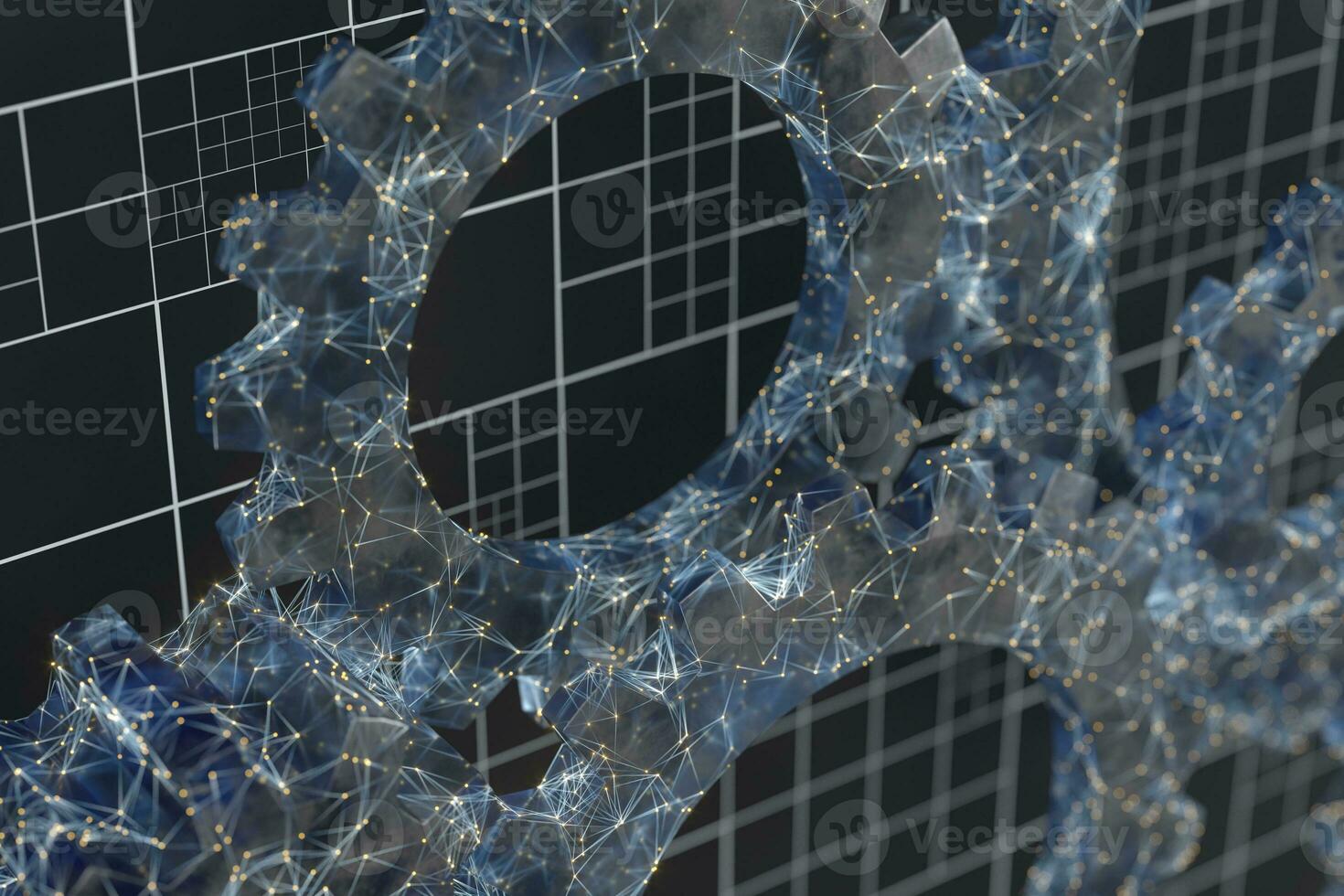 Mechanical gears and blueprint lines, 3d rendering. photo
