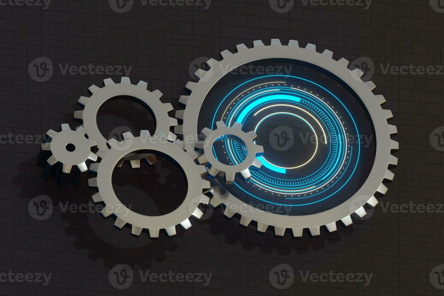 Meshing mechanical gears, metallic parts, 3d rendering. photo