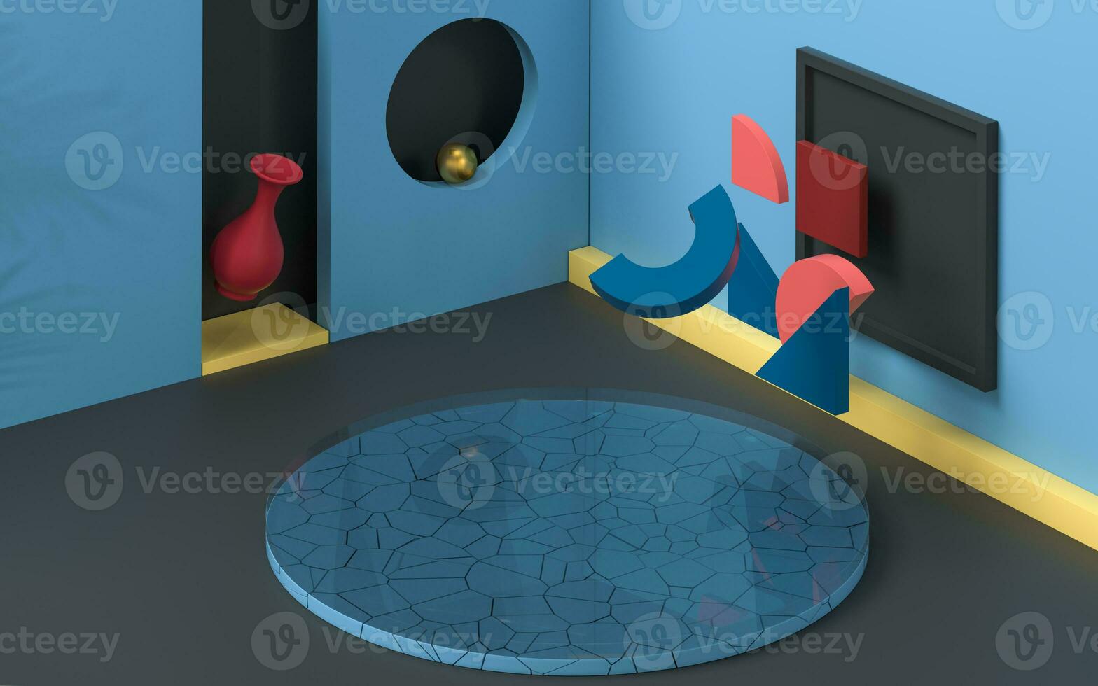 Podium in a room filled with creative geometrical shapes, 3d rendering. photo