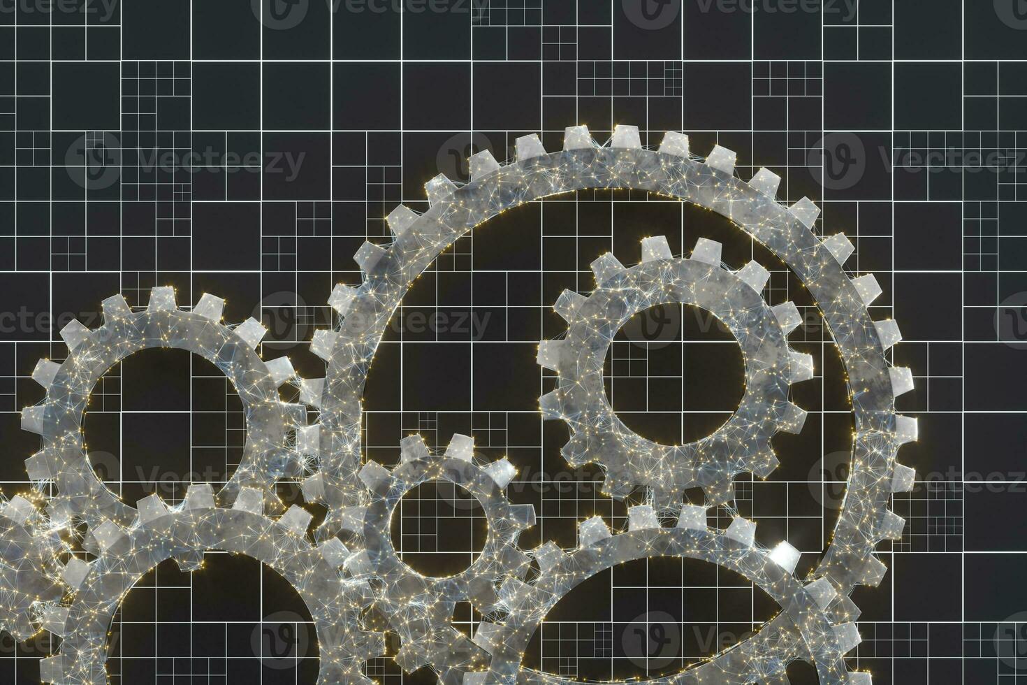 Mechanical gears and blueprint lines, 3d rendering. photo