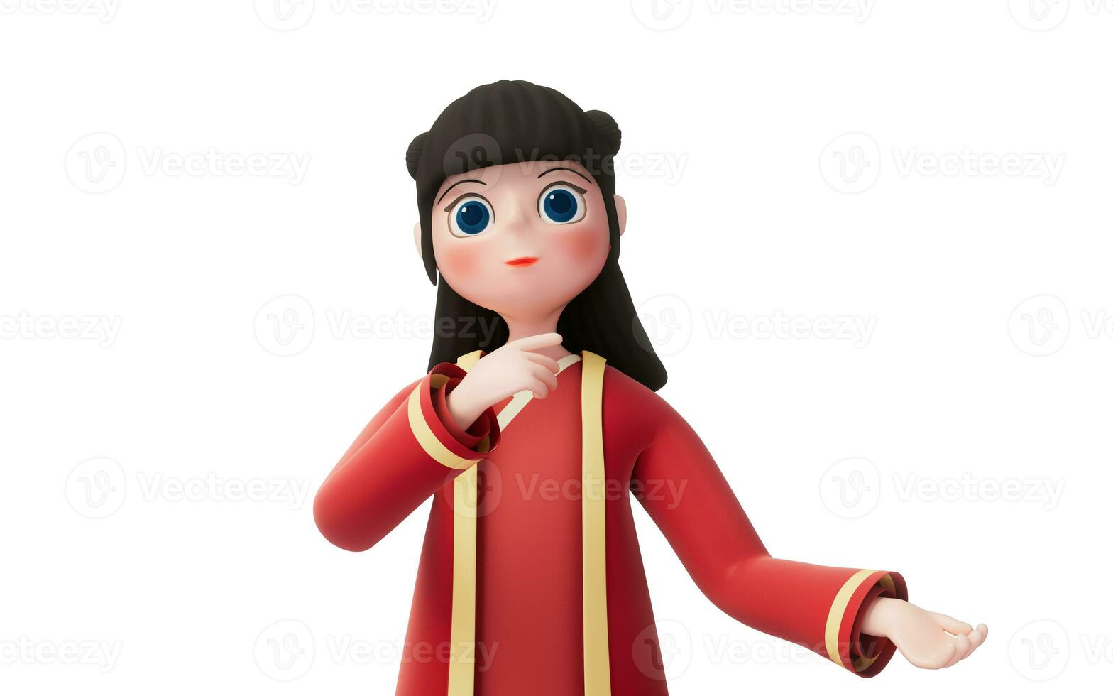 A Chinese girl with white background, cartoon character, 3d rendering. photo