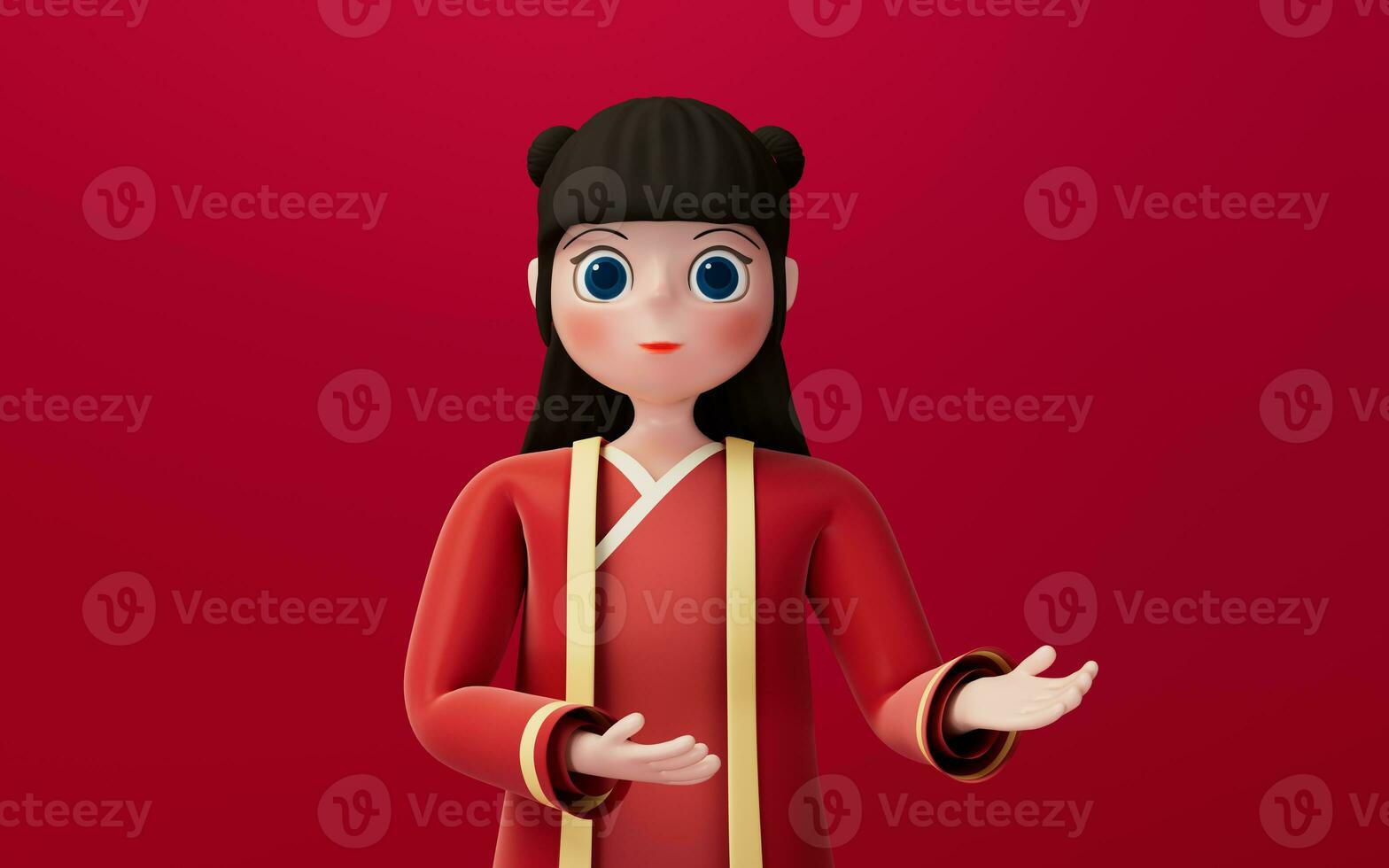 A Chinese girl with red background, cartoon character, 3d rendering. photo