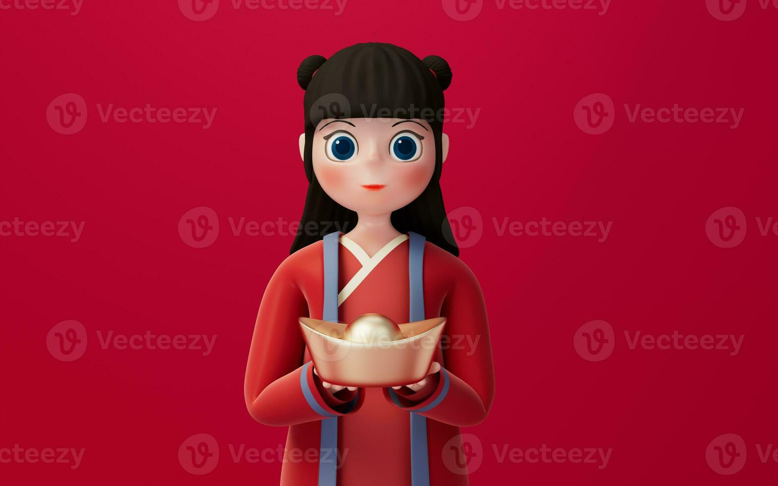 A Chinese girl holding gold ingot, 3d rendering. photo