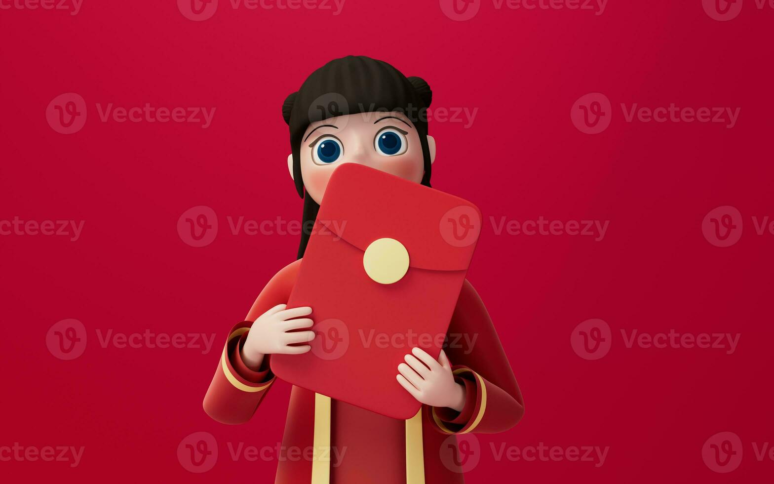 A girl holding red packages with red background, 3d rendering. photo