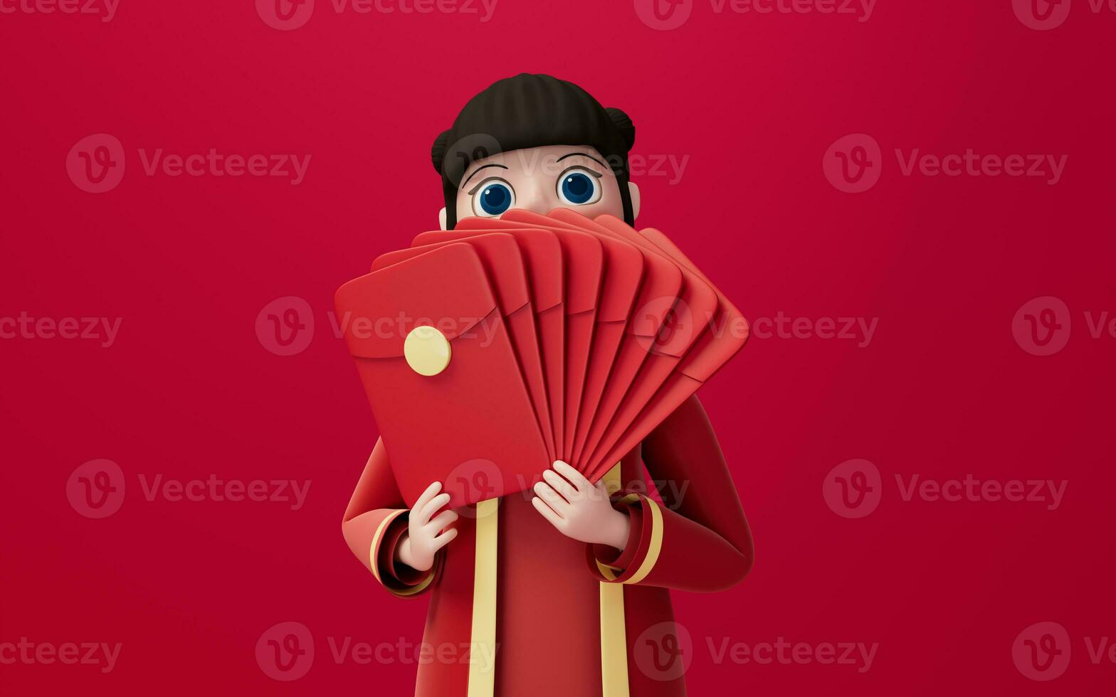 A girl holding red packages with red background, 3d rendering. photo