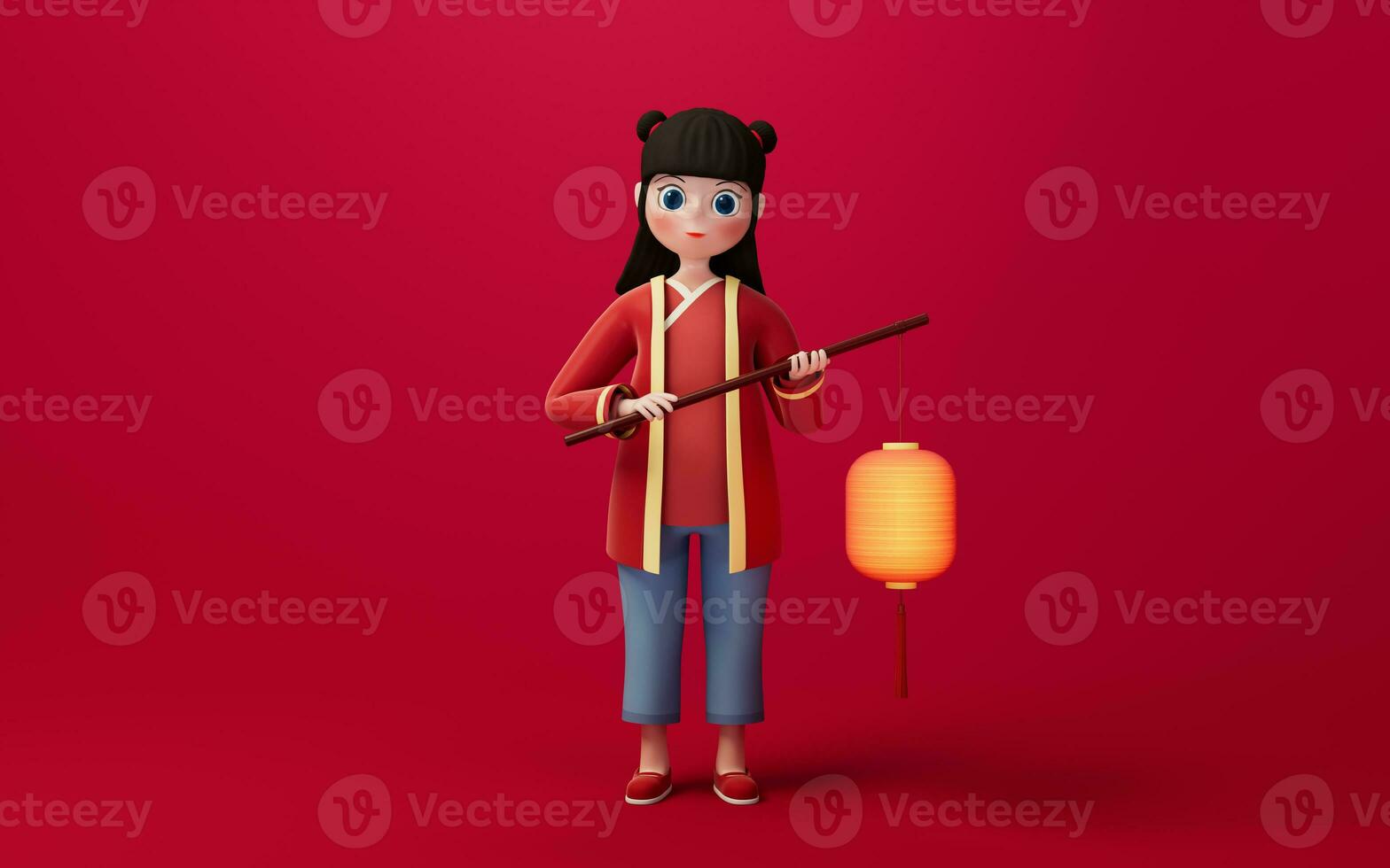 A Chinese girl holding a lantern, 3d rendering. photo