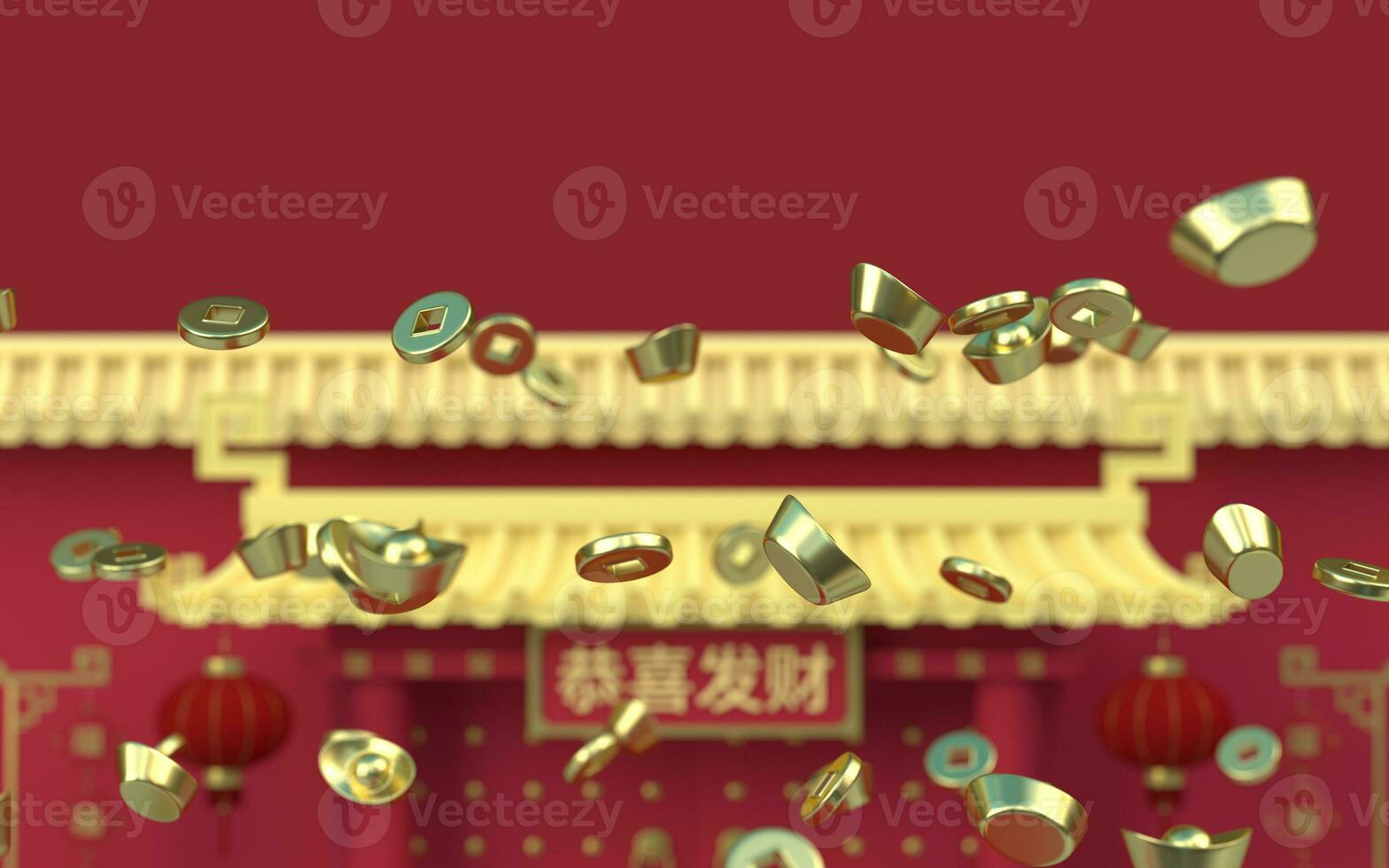 Chinese gold ingot and coins with palace background, 3d rendering. photo