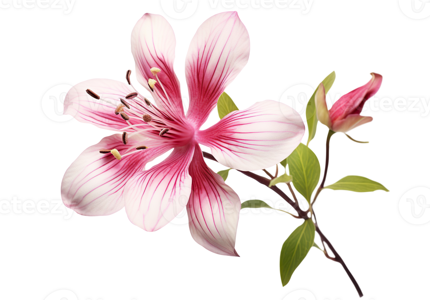 Beautiful and photorealistic, pink flower blossom on transparent background. Bloom, plant. PNG. Close-up view. Cut out element. Generative AI. png