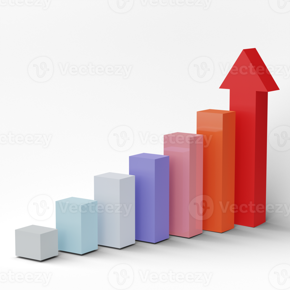 Business chart graphics, Growing bars graphic rising forward achievement goal. 3D render Illustration. png
