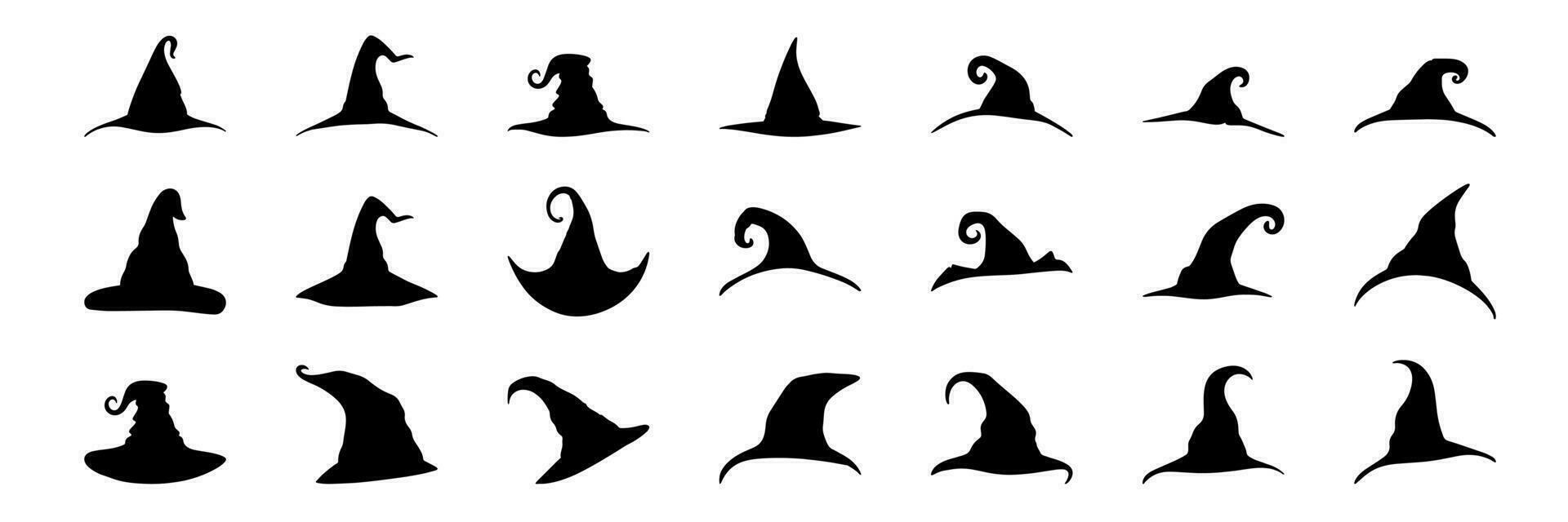 Set of witch hats silhouette. Wizard hat silhouette isolated on white background. Halloween Hat collection icon logo set. Vector illustration.