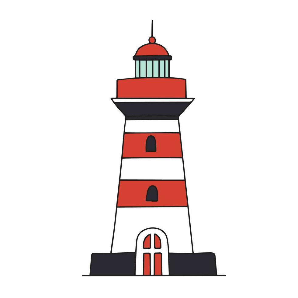 Lighthouse in colored outline isolated on white background. Outline lighthouse hand draw vector illustration.