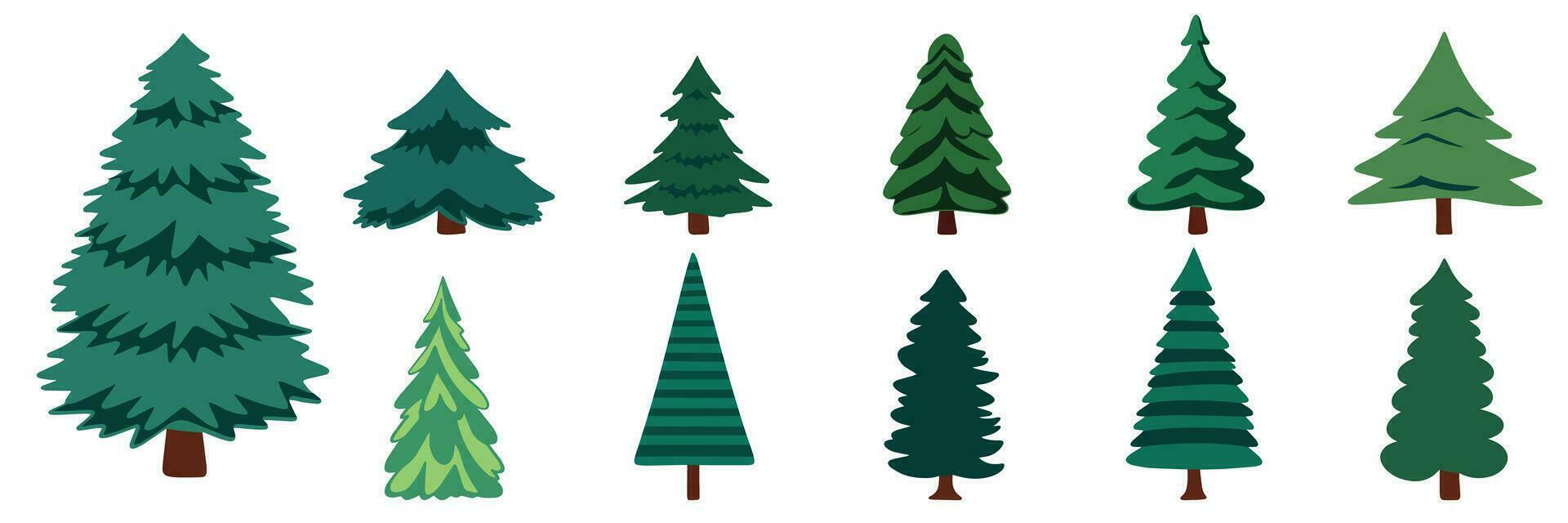 Set of pine trees in flat style. Fir trees isolated on white background. Christmas decor. Collection of spruce. Vector illustration.