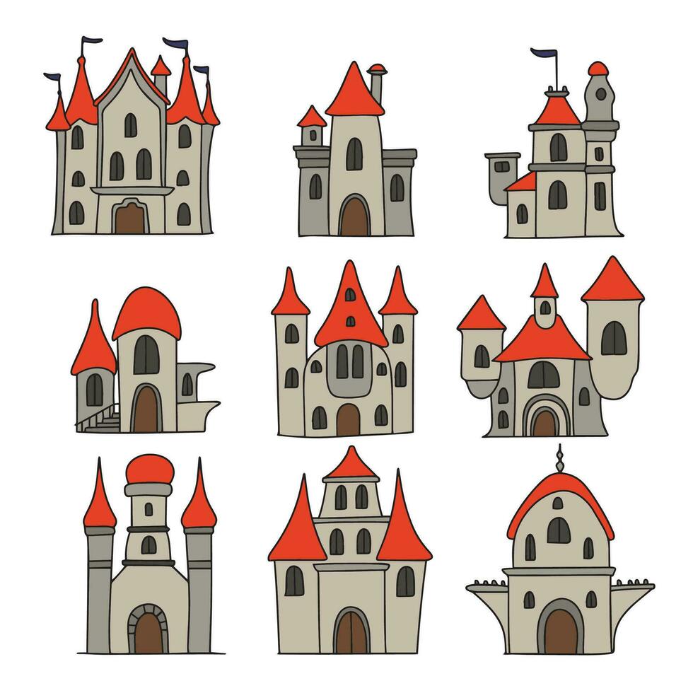Collection of hand drawn castle isolated on white background. Set of doodle castle icons. Vector illustration.