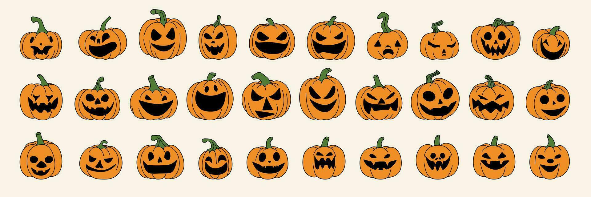 Large collection of Halloween pumpkin icons. Set of Jack o Lantern in doodle style isolated on background. Halloween pumpkin hand drawn logo set. Vector illustration.