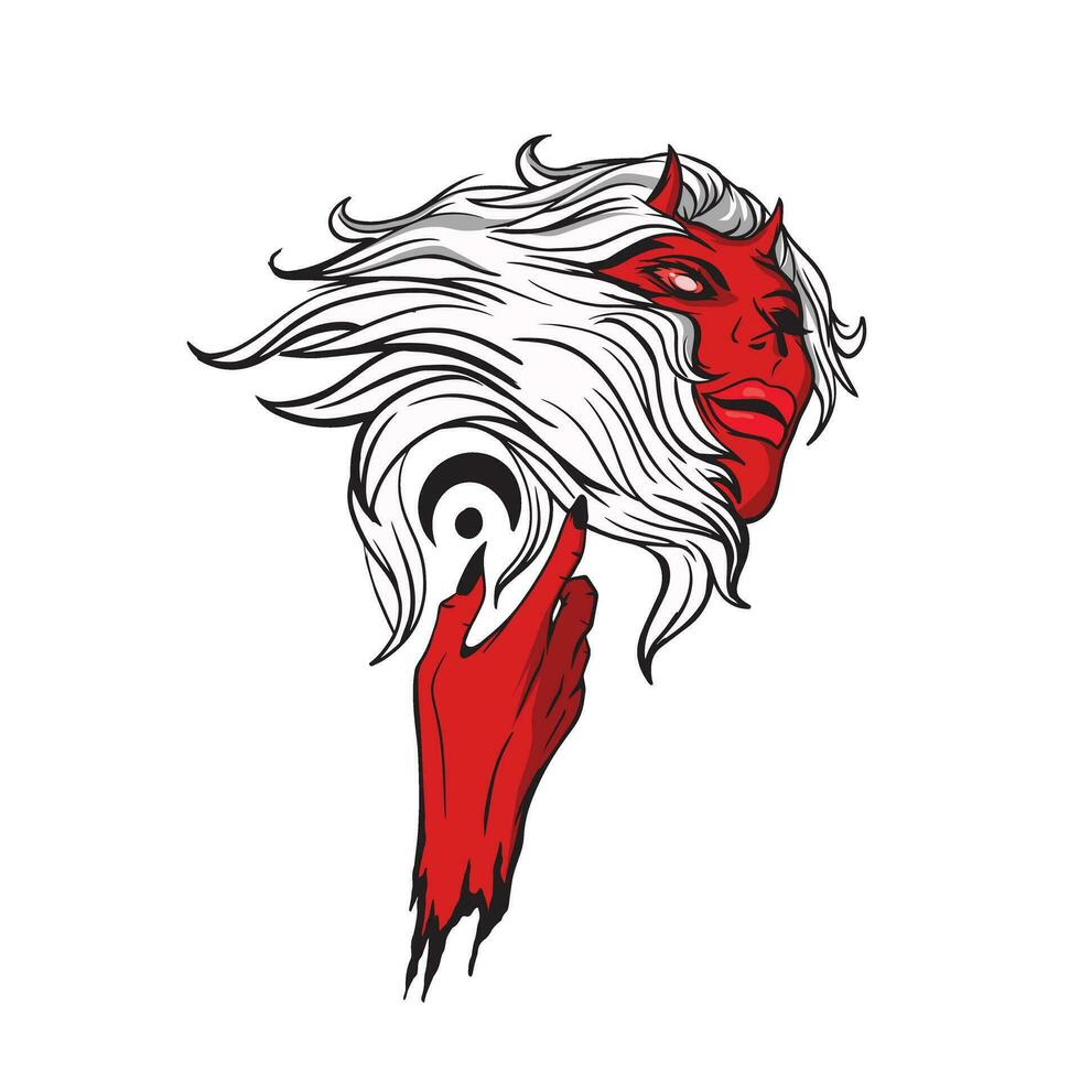 The head of a female demon with hair flowing like waves, and the hands of a demon vector