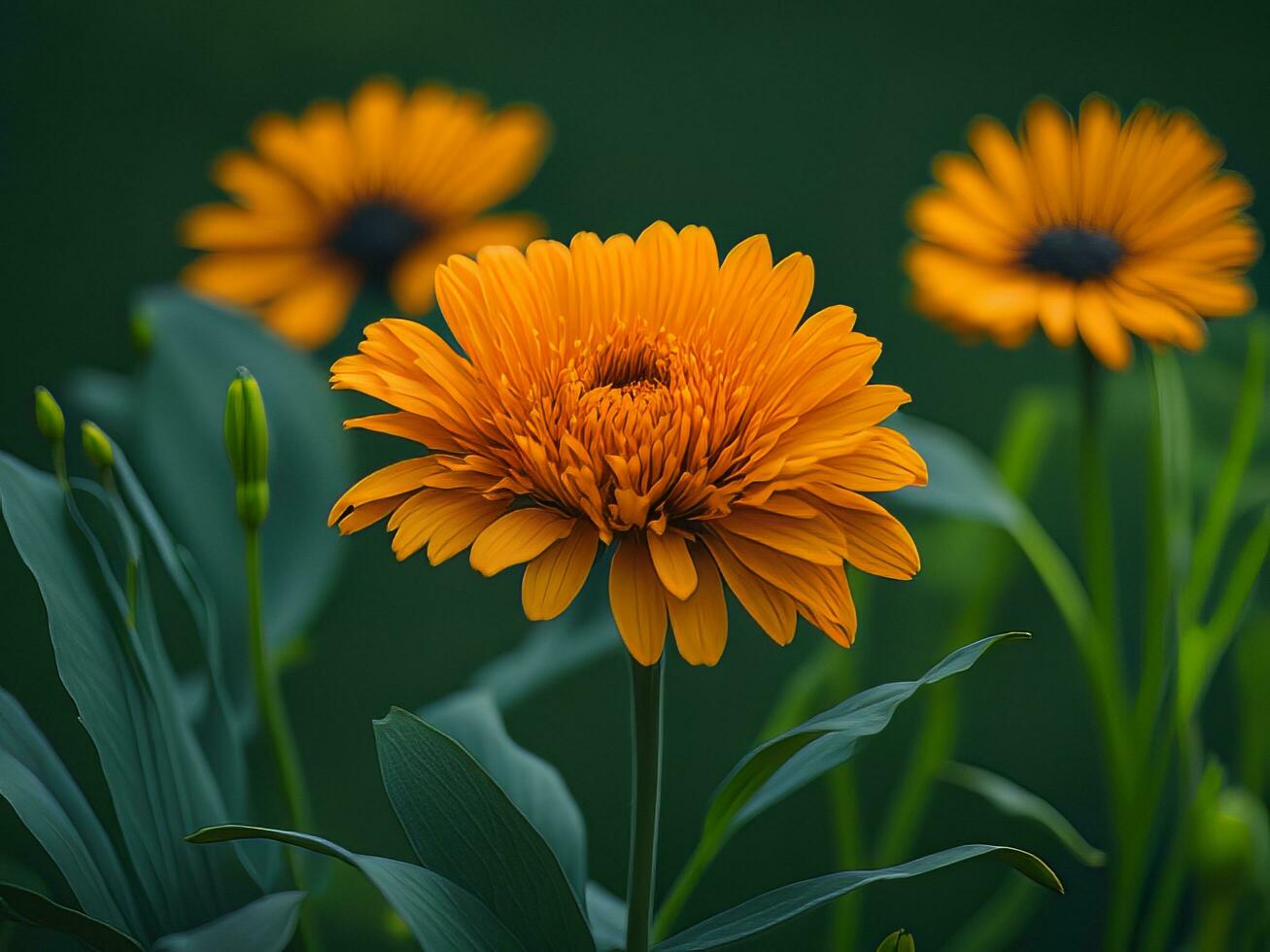 A vibrant Calendula flower in full bloom, with its petals unfurled under the warm sunlight. photo