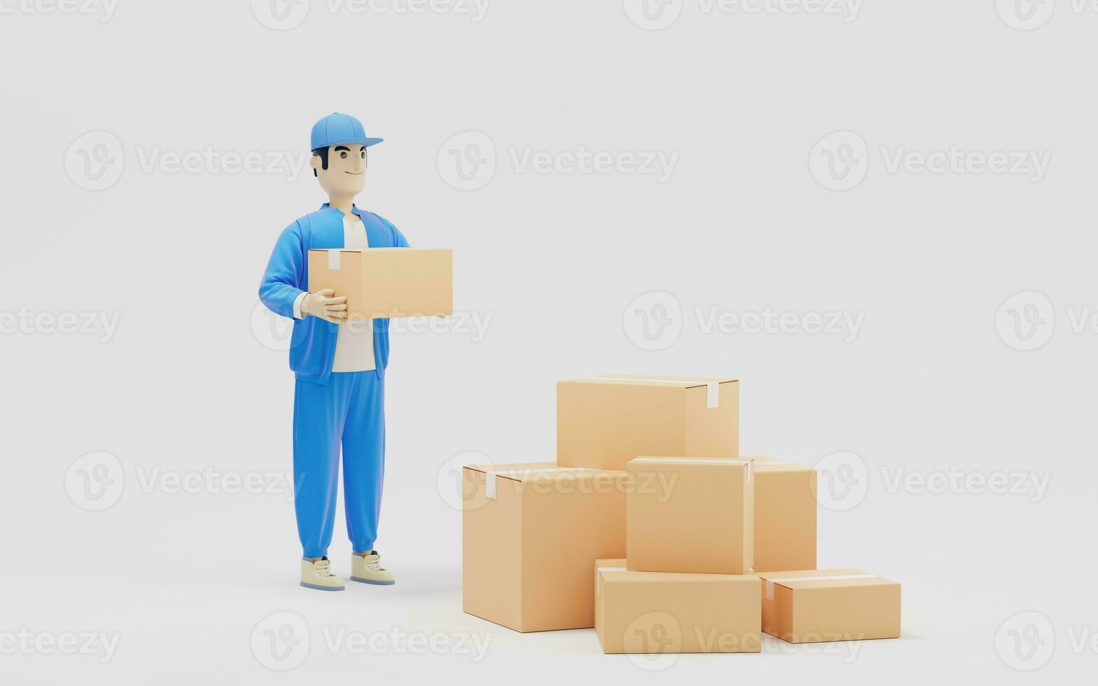 A cartoon deliveryman and gifts, 3d rendering. photo