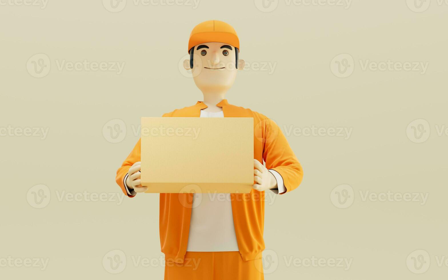 A cartoon deliveryman and gifts, 3d rendering. photo