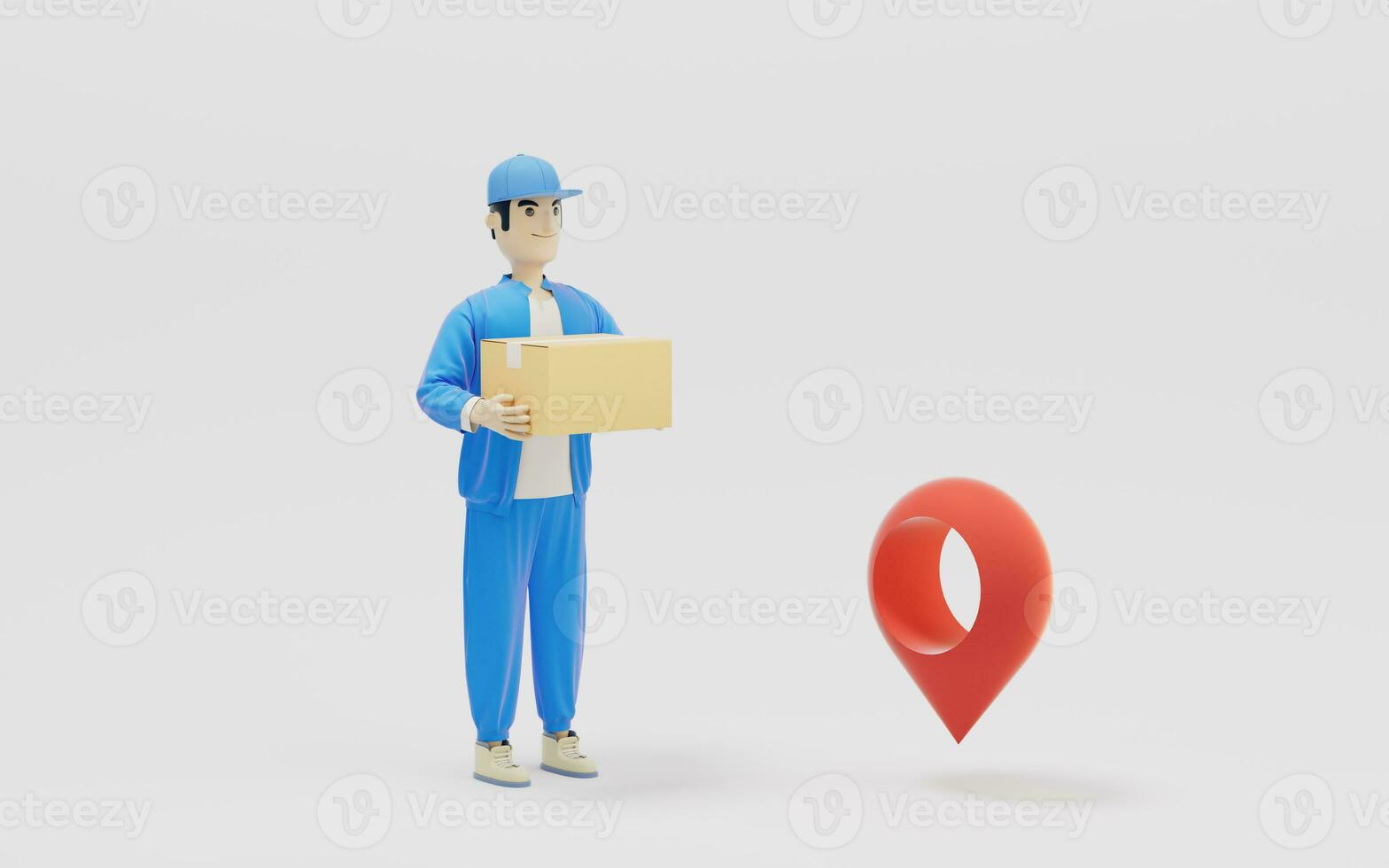 A cartoon deliveryman and gifts, 3d rendering. photo