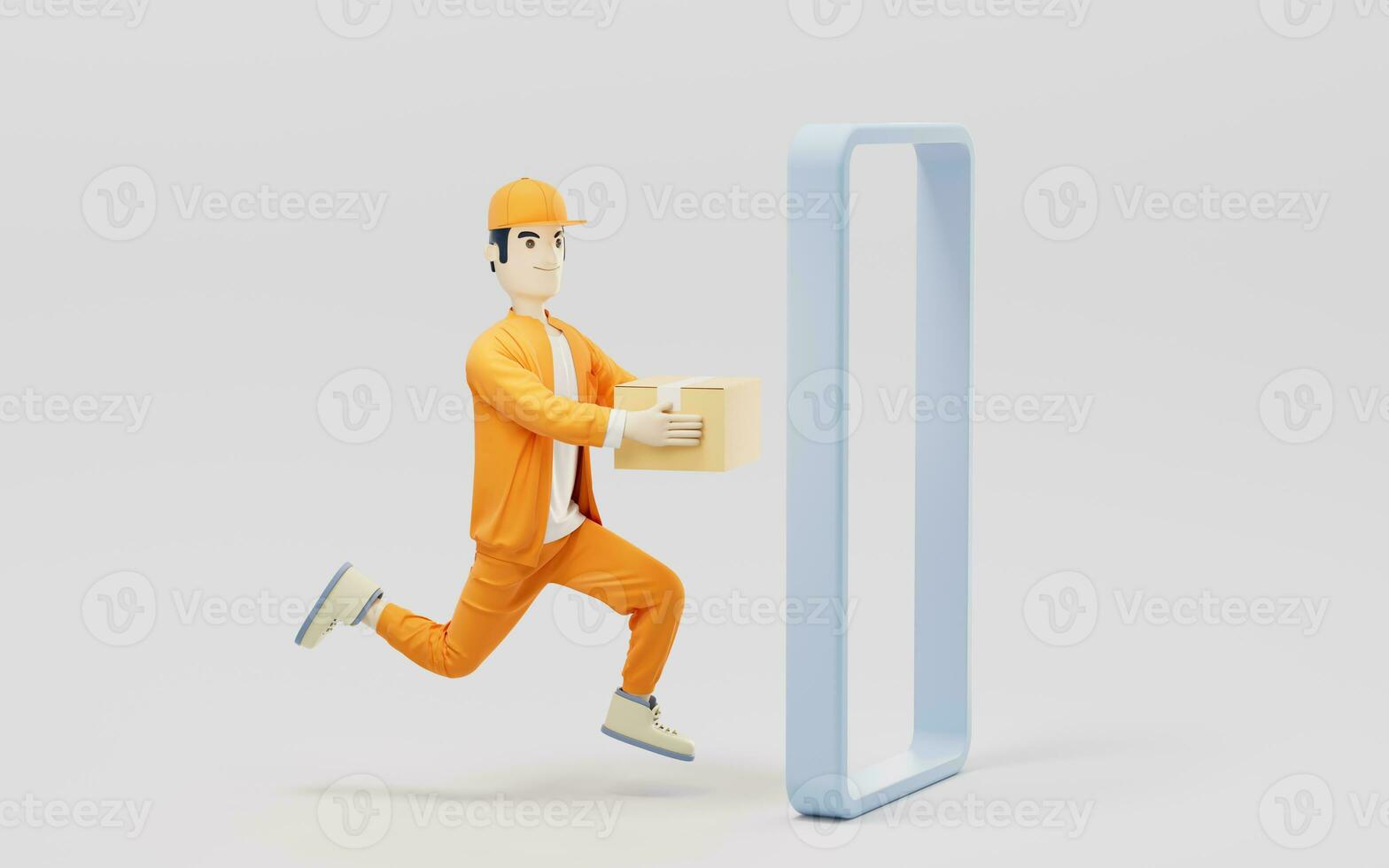 A cartoon deliveryman and gifts, 3d rendering. photo