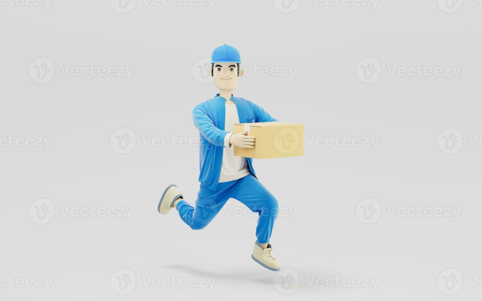 A cartoon deliveryman and gifts, 3d rendering. photo