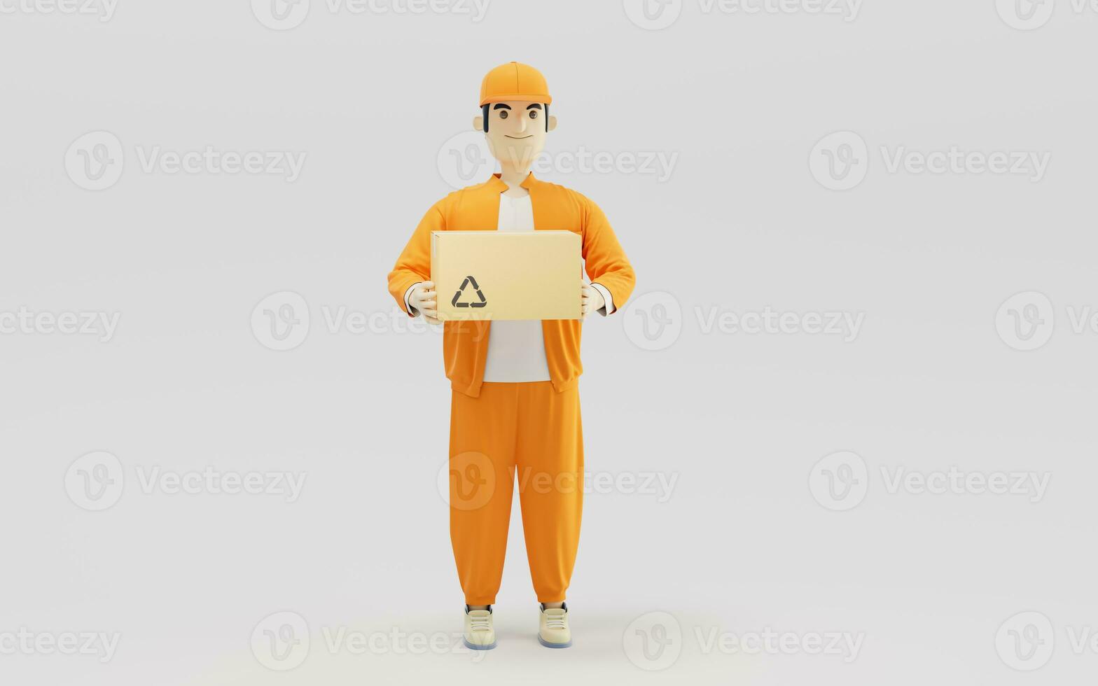 A cartoon deliveryman and gifts, 3d rendering. photo